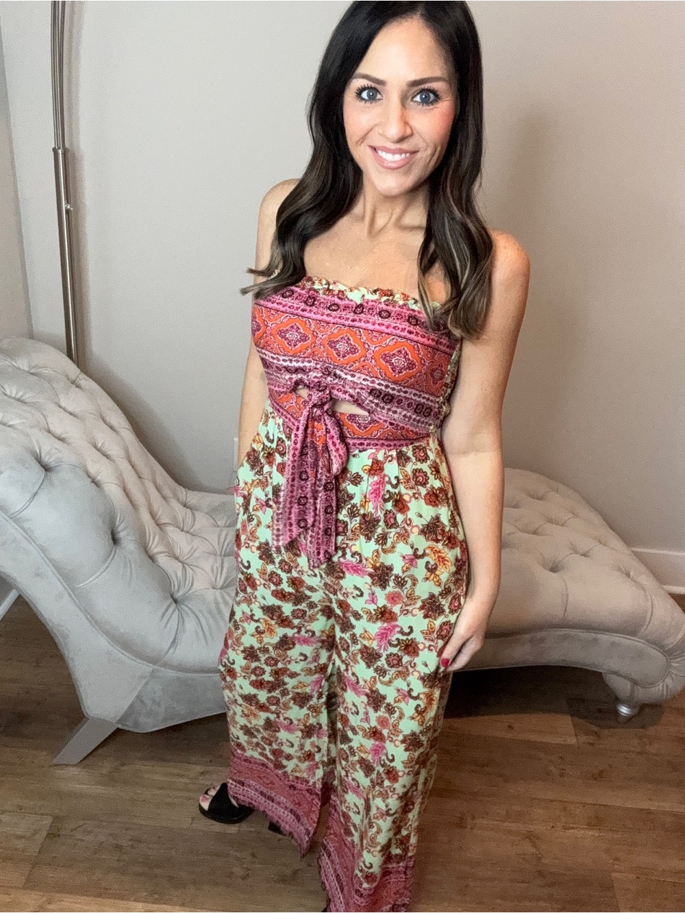 Small Boho Strapless Wide-Leg Jumpsuit in Mint & Pink